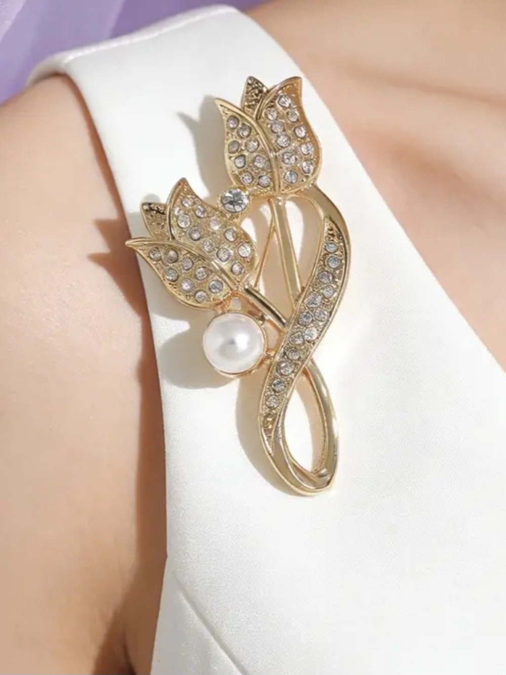 Gold Tulip Crystal & Pearl Brooch - Elegant Women Jewelry